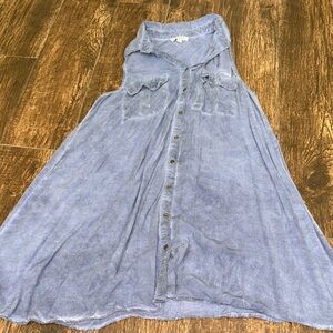 Umgee Chambray Sleeveless Button Down Dress | Flowy Boho Mini Small